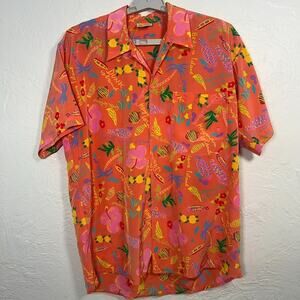 Vintage Ken Done Shirt M Orange Great Barrier Reef Rayon Australia 80s 90s